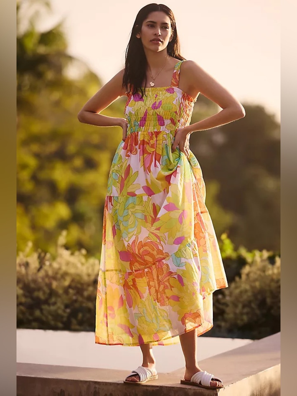 Seafolly Palm Springs Smocked Midi Dress in Lime Light Multi Floral Size Medium